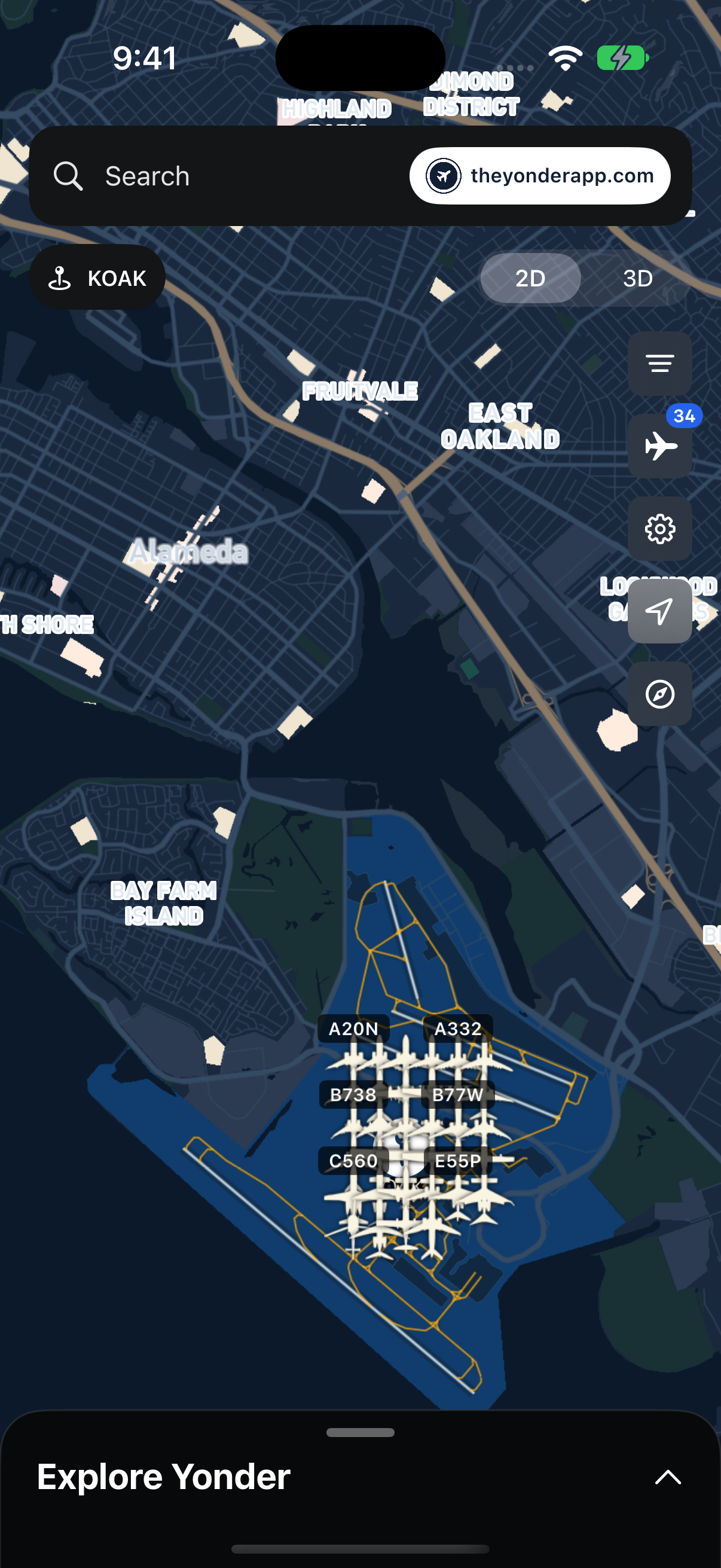 Yonder on iPhone showing aircraft around Oakland airport